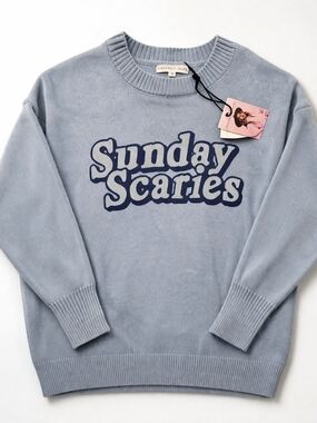Sincerely Jules Sunday Scaries Sweater Medium Blue Graphic NWT Cozy Knit